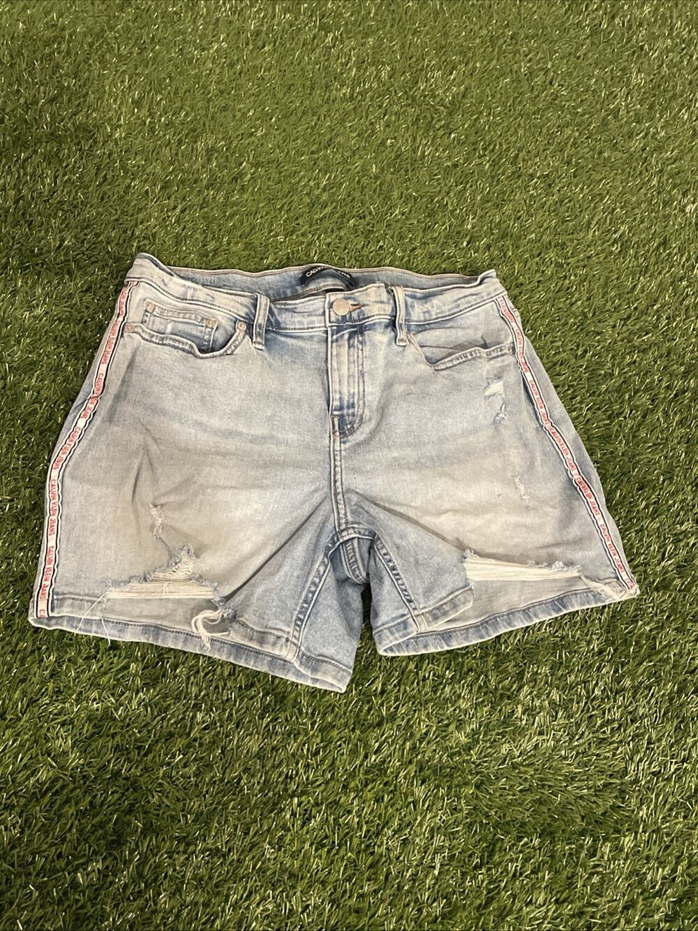 Calvin Klein Jeans Womens Logo Side Tape Distressed Denim Shorts Size 29